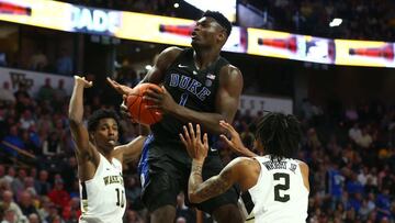 Jan 8, 2019; Winston-Salem, NC, USA; Duke Blue Devils forward Zion Williamson (1) goes up for a shot against Wake Forest Demon Deacons guard Sharone Wright Jr. (2) in the second half at Lawrence Joel Coliseum. Mandatory Credit: Jeremy Brevard-USA TODAY Sports