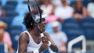 Aug 7, 2025; Cincinnati, OH, USA; Venus Williams (USA) returns a shot against Jessica Bouzas Maneiro (ESP) during the Cincinnati Open at the Lindner Family Tennis Center. Mandatory Credit: Aaron Doster-Imagn Images