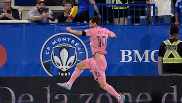 Jul 5, 2025; Montreal, Province of Quebec, CAN; Inter Miami CF forward Lionel Messi (10) celebrates after scoring a goal against CF Montreal during the second half at Saputo Stadium. Mandatory Credit: Eric Bolte-Imagn Images