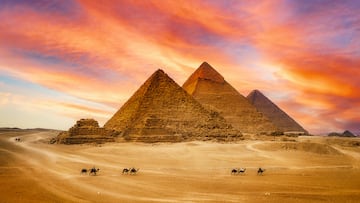 Great Pyramids and The camel caravan is in front of the Egyptian pyramids, Giza, Egypt