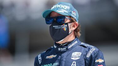 Aug 23, 2020; Indianapolis, Indiana, USA; IndyCar Series driver Fernando Alonso during the 104th Running of the Indianapolis 500 at Indianapolis Motor Speedway. Mandatory Credit: Mark J. Rebilas-USA TODAY Sports