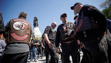 BERLIN, GERMANY - MAY 9: Men, including some who belong to the pro-Vladimir Putin "Night Wolves" biker club from Moscow, arrive to pay tribute to Soviet soldiers killed during World War II at the Soviet war memorial at the Soviet World War II memorial at Treptower Park on Russia's Victory Day, which marks the Soviet and Allied victory over Nazi Germany and the end of World War II, on May 9, 2023 in Berlin, Germany. While most countries mark VE Day on May 8, Russia, due to the time zone difference and the timing of when Nazi Germany capitulated, commemorates its victory traditionally on May 9. Gatherings, including at Soviet war memorials, have been taking place across Berlin today and yesterday with a large police presence on hand to prevent confrontations between pro-Russian and pro-Ukrainian groups. A Berlin court's decision to allow Russian and Soviet flags to be shown at the memorial sites has been overturned, so the ban is back in place. Berlin has a number of Soviet war memorials that commemorate the tens of thousands of Soviet soldiers, among them Russians, Ukrainians and Belarusians, who died in the final weeks of World War II during the Battle of Berlin. Berlin today also has significant Russian and Ukrainian populations. (Photo by Carsten Koall/Getty Images)
