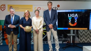 El presidente del Consejo Superior de Deportes (CSD), José Manuel Rodríguez Uribes; la ministra de Educación, Formación Profesional y Deportes, Pilar Alegría; la presidenta de la Federación Española de Baloncesto (FEB), Elisa Aguilar y el presidente de la liga Endesa, Antonio Martín (i a d), durante la presentación de la creación de la Liga U, una liga Sub22, este miércoles en la sede del CSD. EFE/ACB //