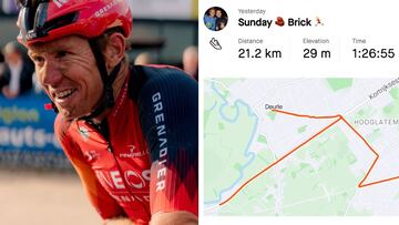 Cameron Wurf, tras su llegada al velódromo en París-Roubaix y en su carrera a pie tras la prueba ciclista.