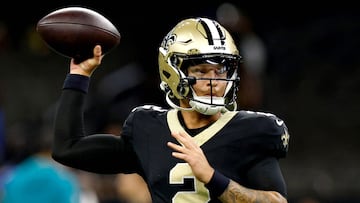 NEW ORLEANS, LOUISIANA - AUGUST 17: Spencer Rattler #2 of the New Orleans Saints warms up prior to the start of the NFL Preseason 2025 game against the Jacksonville Jaguars at Caesars Superdome on August 17, 2025 in New Orleans, Louisiana. Sean Gardner/Getty Images/AFP (Photo by Sean Gardner / GETTY IMAGES NORTH AMERICA / Getty Images via AFP)