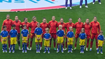 (From L) Spain's defender #04 Irene Paredes, Spain's goalkeeper #13 Catalina Coll, Spain's defender #02 Ona Batlle, Spain's defender #14 Laia Aleixandri, Spain's defender #07 Olga Carmona, Spain's midfielder #12 Patricia Guijarro, Spain's midfielder #08 Mariona Caldentey, Spain's midfielder #06 Aitana Bonmati, Spain's forward #09 Esther Gonzalez, Spain's forward #10 Athenea del Castillo and Spain's midfielder #11 Alexia Putellas pose for a team photograph ahead of the UEFA Women's Euro 2025 final football match between England and Spain at the St. Jakob-Park Stadium in Basel, on July 27, 2025. (Photo by Miguel MEDINA / AFP)
