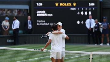 Tennis - Wimbledon - All England Lawn Tennis and Croquet Club, London, Britain - July 13, 2025 Italy's Jannik Sinner hugs Spain's Carlos Alcaraz after winning the men's singles final REUTERS/Toby Melville
