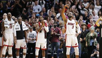 MIAMI, FLORIDA - APRIL 09: Dwyane Wade #3 of the Miami Heat waves to the crowd during his final career regular season home game at American Airlines Arena against the Philadelphia 76ers on April 09, 2019 in Miami, Florida. NOTE TO USER: User expressly acknowledges and agrees that, by downloading and or using this photograph, User is consenting to the terms and conditions of the Getty Images License Agreement. Michael Reaves/Getty Images/AFP
== FOR NEWSPAPERS, INTERNET, TELCOS & TELEVISION USE ONLY ==