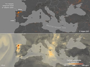 Mapas que muestran los puntos críticos de incendios y las concentraciones de monóxido de carbono atmosférico.