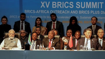 Prime Minister of India Narendra Modi, South African President Cyril Ramaphosa and President of China Xi Jinping attend a meeting during the 2023 BRICS Summit at the Sandton Convention Centre in Johannesburg on August 24, 2023. Marco Longari/Pool via REUTERS