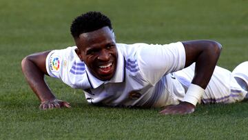 Real Madrid's Brazilian forward Vinicius Junior reacts during the Spanish League football match between RCD Mallorca and Real Madrid at the Visit Mallorca stadium in Palma de Mallorca on February 5, 2023. (Photo by JAIME REINA / AFP)
