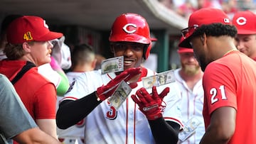 CINCINNATI, OHIO - AUGUST 16: Ke'Bryan Hayes #3 of the Cincinnati Reds celebrates a home run during the sixth inning against the Milwaukee Brewers at Great American Ball Park on August 16, 2025 in Cincinnati, Ohio. Jason Mowry/Getty Images/AFP (Photo by Jason Mowry / GETTY IMAGES NORTH AMERICA / Getty Images via AFP)