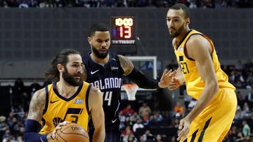Basketball - NBA Global Games - Orlando Magic v Utah Jazz - Arena Ciudad de Mexico, Mexico City - December 15, 2018 Utah Jazzâ Ricky Rubio and Rudy Gobert in action with Orlando Magicâs D.J. Augustin REUTERS/Henry Romero