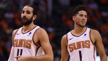 PHOENIX, ARIZONA - OCTOBER 23: Ricky Rubio #11 and Devin Booker #1 of the Phoenix Suns walk on the court during the second half of the NBA game against the Sacramento Kings at Talking Stick Resort Arena on October 23, 2019 in Phoenix, Arizona. The Suns defeated the Kings 124-95. NOTE TO USER: User expressly acknowledges and agrees that, by downloading and/or using this photograph, user is consenting to the terms and conditions of the Getty Images License Agreement Christian Petersen/Getty Images/AFP
== FOR NEWSPAPERS, INTERNET, TELCOS & TELEVISION USE ONLY ==