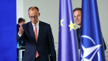 German Chancellor Friedrich Merz walks with NATO Secretary General Mark Rutte to address the media, in Berlin, Germany, July 9, 2025. REUTERS/Christian Mang