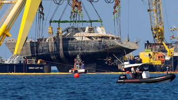 The wreckage of "Bayesian" yacht, owned by late British tech entrepreneur Mike Lynch who died when the yacht sank off the coast of Porticello, is recovered by floating crane ships HEBO LIFT 10 and HEBO LIFT 2, near Palermo, Sicily, Italy, June 21, 2025. REUTERS/Igor Petyx