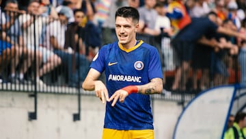 Lautaro of FC Andorra players celebrates after scoring a goal during the first leg semi-final match of the 2024-2025 First RFEF League between FC Andorra and UD Ibiza at the Estadi de la FAF in Encamp, Andorra, on June 1, 2025. (Photo by Martin Silva Cosentino/NurPhoto via Getty Images)