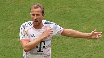 MIAMI GARDENS, FLORIDA - JUNE 29: Harry Kane #9 of FC Bayern Munchen reacts during the FIFA Club World Cup 2025 round of 16 match between CR Flamengo and FC Bayern M�nchen at Hard Rock Stadium on June 29, 2025 in Miami Gardens, Florida. Francois Nel/Getty Images/AFP (Photo by Francois Nel / GETTY IMAGES NORTH AMERICA / Getty Images via AFP)