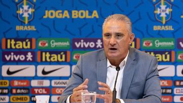 Handout picture released by the Brazilian Football Confederation (CBF) showing Brazil's football team coach Tite speaking during a press conference at the CBF headquarters announcing the list of players for the friendly matches against South Korea an