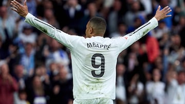 MADRID, SPAIN - MAY 04: Kylian Mbappe of Real Madrid celebrates after scoring their side's second goal during the LaLiga match between Real Madrid CF and RC Celta de Vigo at Estadio Santiago Bernabeu on May 04, 2025 in Madrid, Spain. (Photo by Alberto Gardin/Quality Sport Images/Getty Images)