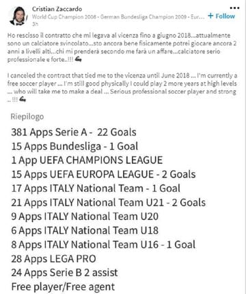 El perfil de Cristian Zacardo en Linkedin. El jugador italiano busca equipo.