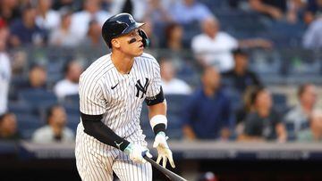 NEW YORK, NEW YORK - AUGUST 23: Aaron Judge #99 of the New York Yankees hits a home run in the first inning against the Washington Nationals at Yankee Stadium on August 23, 2023 in the Bronx borough of New York City.   Mike Stobe/Getty Images/AFP (Photo by Mike Stobe / GETTY IMAGES NORTH AMERICA / Getty Images via AFP)