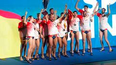 Zagreb (Croatia), 16/01/2024.- Team Spain celebrate on the podium after winning the LEN Men's Water Polo European Championship final match Croatia vs Spain, in Zagreb, Croatia, 16 January 2024. (Croacia, España) EFE/EPA/ANTONIO BAT
