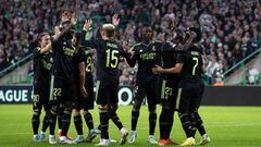 GLASGOW, SCOTLAND - SEPTEMBER 06: Eden Hazard celebrates with teammates after scoring to make it 3-0 during a UEFA Champions League match between Celtic and Real Madrid at Celtic Park, on September 06, 2022, in Glasgow, Scotland.  (Photo by Alan Harvey/SNS Group via Getty Images)