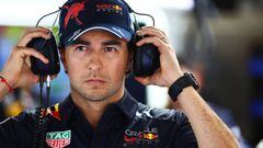 BARCELONA, SPAIN - MAY 20: Sergio Perez of Mexico and Oracle Red Bull Racing looks on in the garage during practice ahead of the F1 Grand Prix of Spain at Circuit de Barcelona-Catalunya on May 20, 2022 in Barcelona, Spain. (Photo by Mark Thompson/Getty Images)
