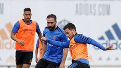 Hazard, Carvajal y Mariano, en el entrenamiento del Madrid de este s&aacute;bado.