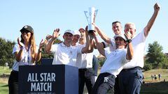 Kipp Poppert, Garrett Hilbert, Novak Djokovic, Gareth Bale, Leonardo Fioravanti y Colin Montgomerie celebran la victoria en el torneo. 