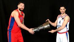 COLOGNE, GERMANY - MAY 26: Nikita Kurbanov, #41 of CSKA Moscow and Dogus Balbay, #4 of Anadolu Efes Istanbul during the Team Captains Photocall as part of Turkish Airlines EuroLeague Final Four Cologne 2021 at Radisson Blu Cologne on May 26, 2021 in Colog
