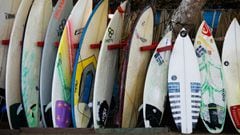 Varias tablas de surf de distintos tama&ntilde;os en un rack, guardadas, frente a unos &aacute;rboles. 