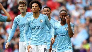 LONDON, ENGLAND - MAY 18: Raheem Sterling of Manchester City celebrates with teammates after scoring his team&#039;s sixth goal during the FA Cup Final match between Manchester City and Watford at Wembley Stadium on May 18, 2019 in London, England. (Photo by Julian Finney/Getty Images)