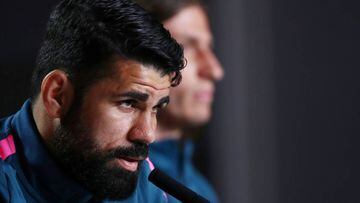 Soccer Football - Europa League - Atletico Madrid Press Conference - Wanda Metropolitano, Madrid, Spain - May 9, 2018   Atletico Madrid&#039;s Diego Costa and Filipe Luis during the press conference    REUTERS/Sergio Perez