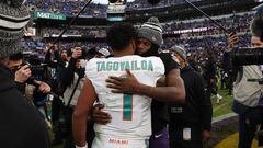 BALTIMORE, MARYLAND - DECEMBER 31: Tua Tagovailoa #1 of the Miami Dolphins and Lamar Jackson #8 of the Baltimore Ravens embrace on the field after their game at M&T Bank Stadium on December 31, 2023 in Baltimore, Maryland.   Todd Olszewski/Getty Images/AFP (Photo by Todd Olszewski / GETTY IMAGES NORTH AMERICA / Getty Images via AFP)
