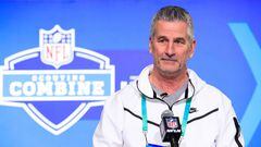INDIANAPOLIS, INDIANA - MARCH 01: Head coach Frank Reich of the Carolina Panthers speaks to the media during the NFL Combine at Lucas Oil Stadium on March 01, 2023 in Indianapolis, Indiana.   Justin Casterline/Getty Images/AFP (Photo by Justin Casterline / GETTY IMAGES NORTH AMERICA / Getty Images via AFP)