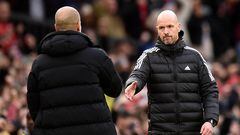 Manchester United's Dutch manager Erik ten Hag (R) shakes hands with Manchester City's Spanish manager Pep Guardiola after the English Premier League football match between Manchester United and Manchester City at Old Trafford in Manchester, north west England, on January 14, 2023. (Photo by Oli SCARFF / AFP) / RESTRICTED TO EDITORIAL USE. No use with unauthorized audio, video, data, fixture lists, club/league logos or 'live' services. Online in-match use limited to 120 images. An additional 40 images may be used in extra time. No video emulation. Social media in-match use limited to 120 images. An additional 40 images may be used in extra time. No use in betting publications, games or single club/league/player publications. / 