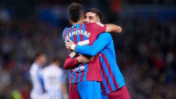 SAN SEBASTIAN, SPAIN - APRIL 21: Pierre Erick Aubameyang and Ferran Torres of FC Barcelona reacts after scoring goal during the Spanish league match of La Liga between, Real Sociedad and FC Barcelona at Reale Arena on April 21, 2022, in San Sebastian, Spain. (Photo By Ricardo Larreina/Europa Press via Getty Images)