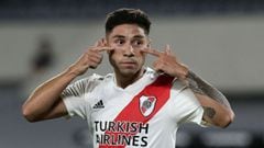River Plate&#039;s defender Gonzalo Montiel celebrates after scoring the team&#039;s second goal against Rosario Central during an Argentine Professional Football League match, at the Monumental stadium in Buenos Aires, on February 20, 2021. (Photo by ALEJANDRO PAGNI / AFP)
