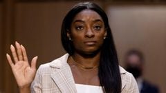 U.S. Olympic gymnast Simone Biles is sworn in during a Senate Judiciary hearing about the Inspector General&#039;s report on the FBI handling of the Larry Nassar investigation of sexual abuse of Olympic gymnasts, on Capitol Hill, in Washington, D.C., U.S.