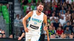 Luka Doncic of Slovenia reacts during the basketball friendly match between Slovenia and Serbia