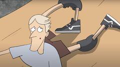 Tony Hawk, versi&oacute;n dibujos animados, cayendo por un pipe con su pierna derecha del rev&eacute;s. 