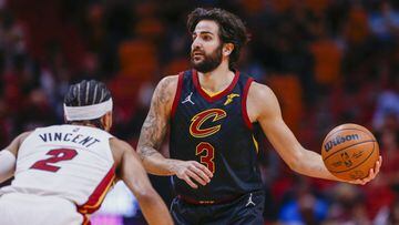 Dec 1, 2021; Miami, Florida, USA; Cleveland Cavaliers guard Ricky Rubio (3) dribbles the basketball against Miami Heat guard Gabe Vincent (2) during the first quarter at FTX Arena. Mandatory Credit: Sam Navarro-USA TODAY Sports