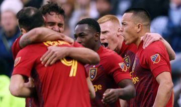 Real Salt Lake's players celebrate Bobby Wood's last-gasp winner over Sporting Kansas City in the Western Conference semi-finals.