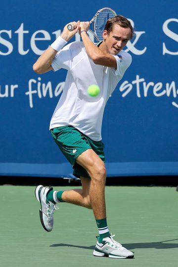 Daniil Medvedev of Russia plays a backhand during his match against Mackenzie McDonald during Western & Southern Open.