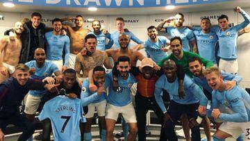El vestuario del Manchester City celebrando la victoria in extremis ante el Southampton