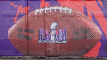 An image of a football with a Super Bowl LVIII logo covers a fence at Allegiant Stadium on February 01, 2024, in Las Vegas, Nevada.