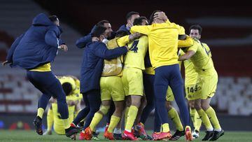 Villarreal players celebrate at the end of the Europa League semifinal second leg soccer match between Arsenal and Villarreal at the Emirates stadium in London, England, Thursday, May 6, 2021. The game finished 0-0, Villarreal winning the tie 2-1 on aggre