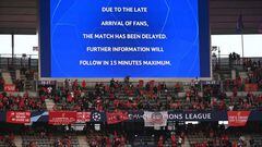The delay to the start of the match is written on the display prior to the UEFA Champions League final football match between Liverpool and Real Madrid at the Stade de France in Saint-Denis, north of Paris, on May 28, 2022. (Photo by Anne-Christine POUJOULAT / AFP) (Photo by ANNE-CHRISTINE POUJOULAT/AFP via Getty Images)